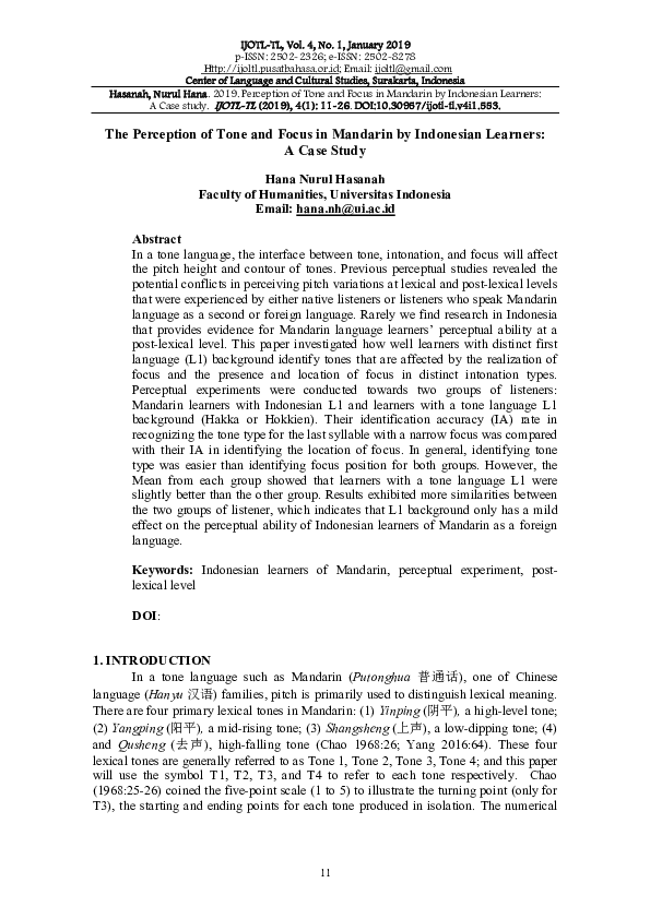(PDF) The Perception of Tone and Focus in Mandarin by Indonesian ...