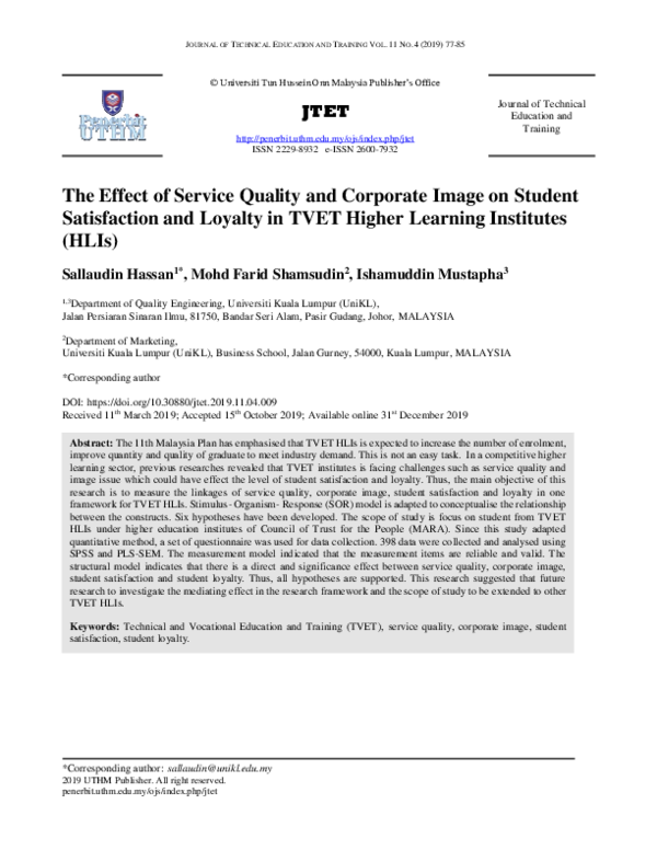 (PDF) The Effect of Service Quality and Corporate Image on Student ...
