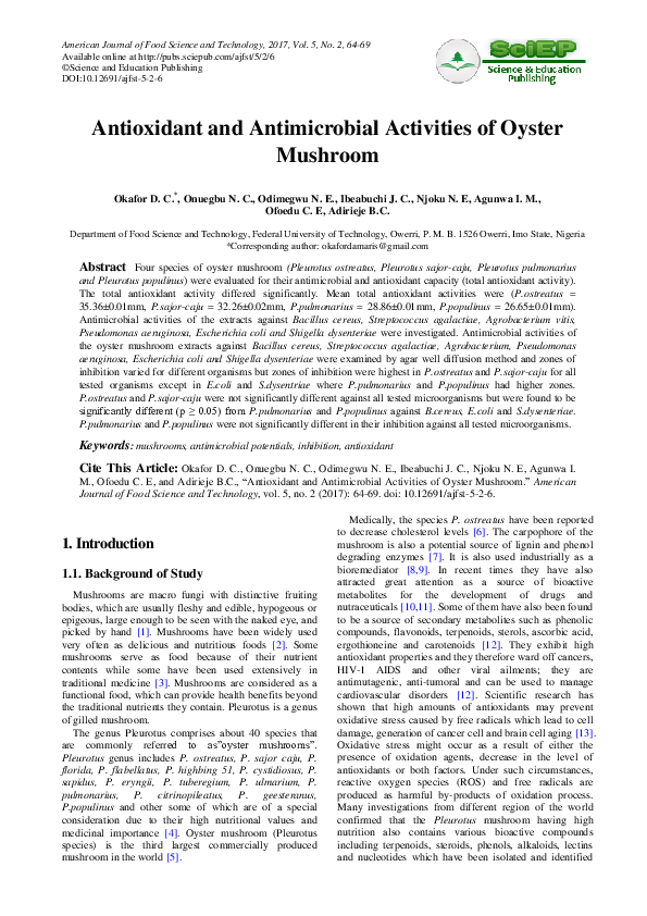 (PDF) Antioxidant and Antimicrobial Activities of Oyster Mushroom