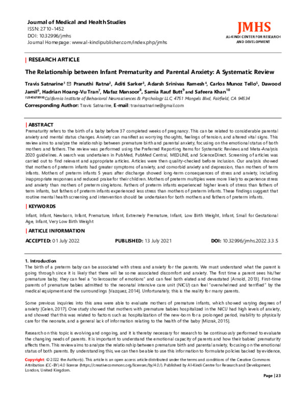 (PDF) The Relationship between Infant Prematurity and Parental Anxiety ...