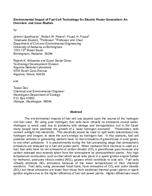 (PDF) Environmental Impact of Fuel Cell Technology for Electric Power