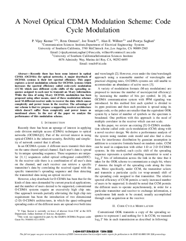 (PDF) A novel optical CDMA modulation scheme: Code cycle modulation