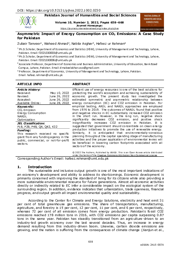 (PDF) Asymmetric Impact of Energy Consumption on CO2 Emissions: A Case ...