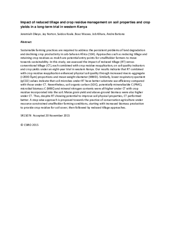 (PDF) Impact of reduced tillage and crop residue management on soil ...