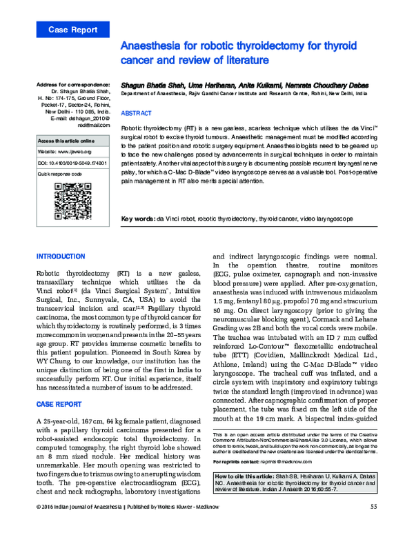 (PDF) Anaesthesia for robotic thyroidectomy for thyroid cancer and ...