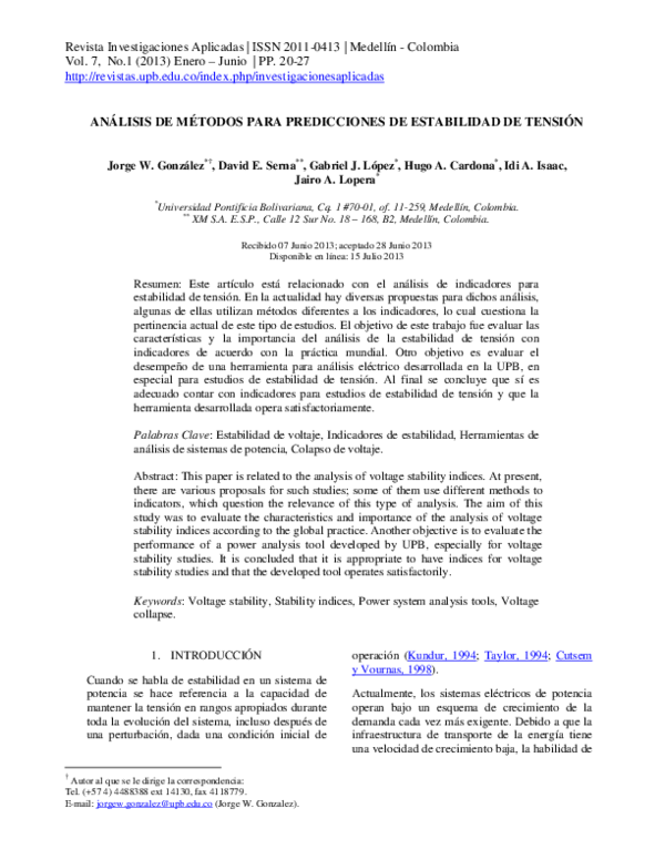 (PDF) Análisis de métodos para predicciones de estabilidad de tensión