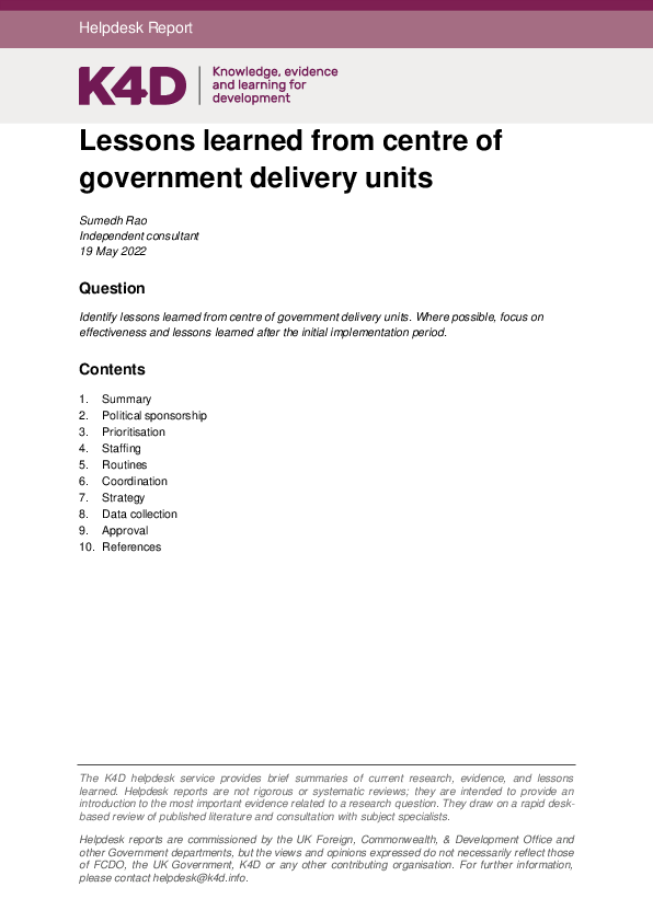 (PDF) Lessons learned from centre of government delivery units