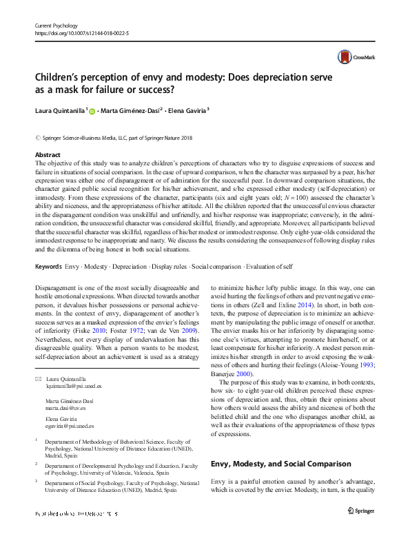 (PDF) Children’s perception of envy and modesty: Does depreciation ...