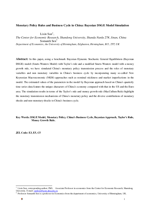 (PDF) Monetary Policy Rules and Business Cycle in China: Bayesian DSGE ...