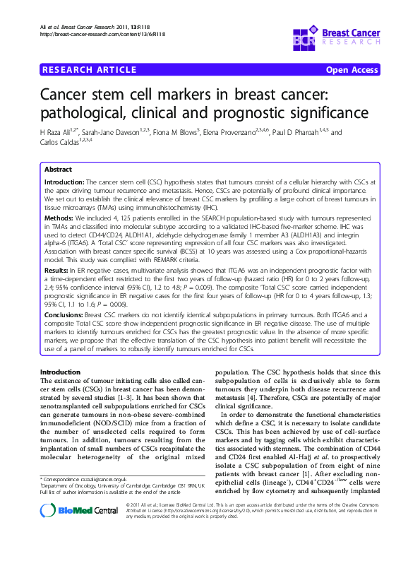 (PDF) Cancer stem cell markers in breast cancer: pathological, clinical ...