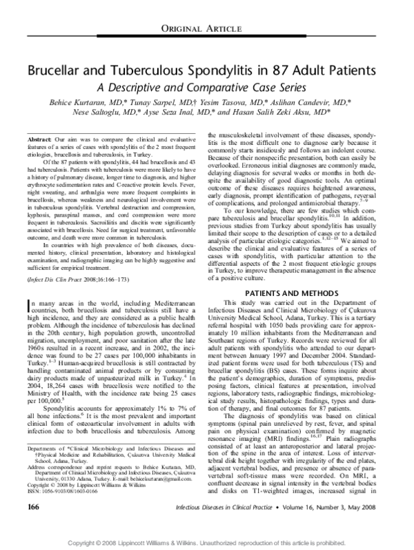 (PDF) Brucellar and Tuberculous Spondylitis in 87 Adult Patients