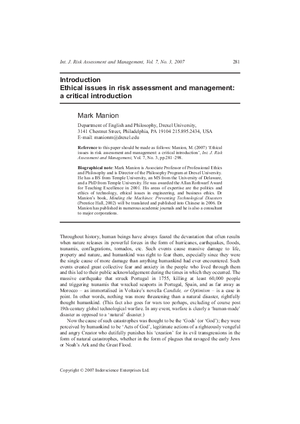 (PDF) Introduction. Ethical issues in risk assessment and management: a ...