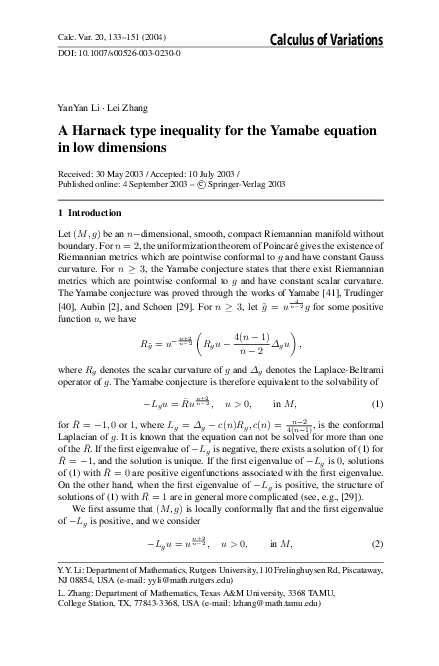 (PDF) A Harnack type inequality for the Yamabe equation in low dimensions