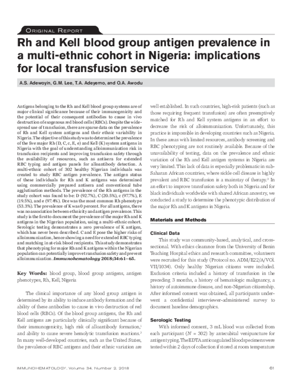 (PDF) Rh and Kell blood group antigen prevalence in a multiethnic cohort in Nigeria