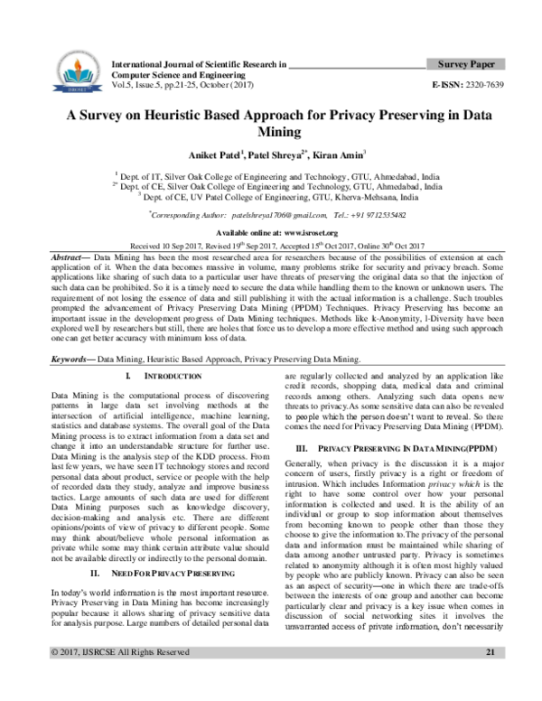 (PDF) A Survey on Heuristic Based Approach for Privacy Preserving in ...