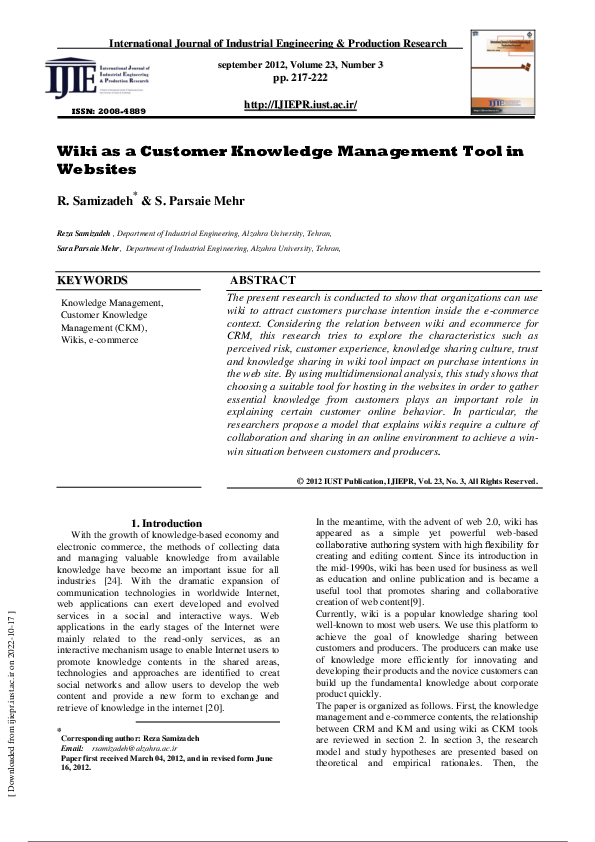 (PDF) Wiki as a Customer Knowledge Management Tool in Websites