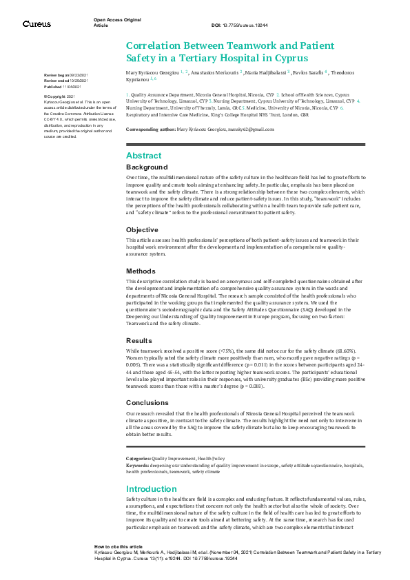 (PDF) Correlation Between Teamwork and Patient Safety in a Tertiary ...