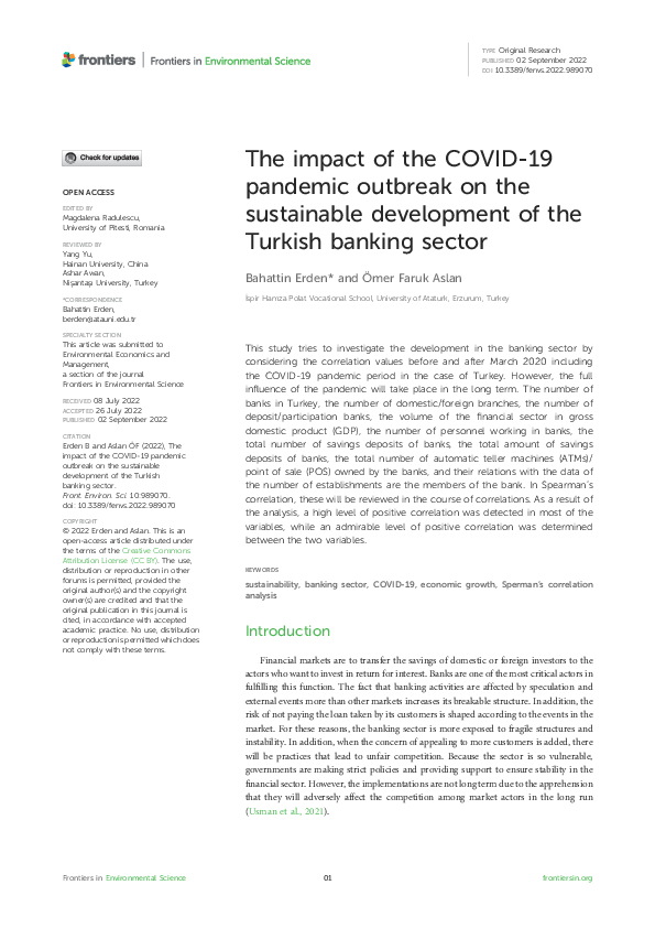 The impact of the COVID-19 pandemic outbreak on the sustainable development of the Turkish banking sector