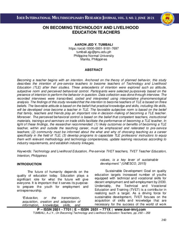 (PDF) On Becoming Technology and Livelihood Education Teachers
