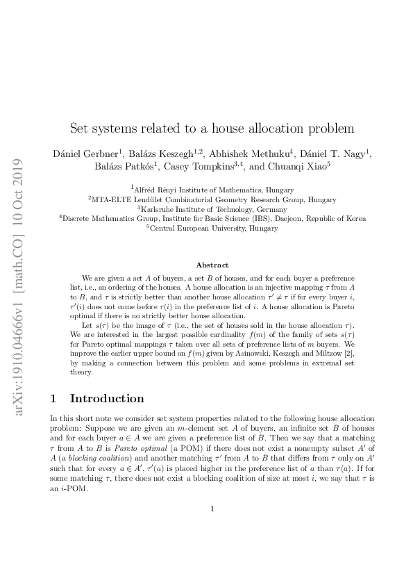(PDF) Set systems related to a house allocation problem