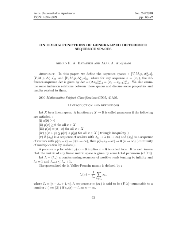 (PDF) On Orlicz Functions of Generalized Difference Sequence Spaces