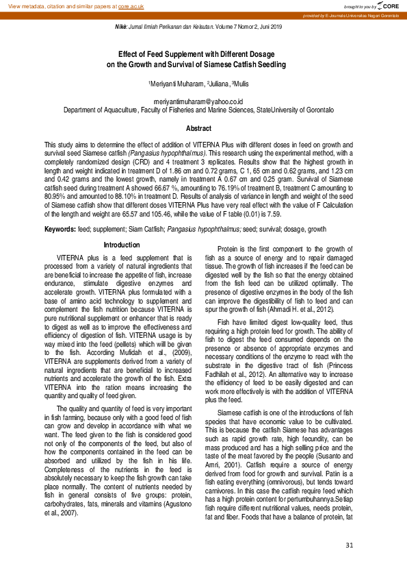 (PDF) Effect of Feed Supplement with Different Dosage on the Growth and ...