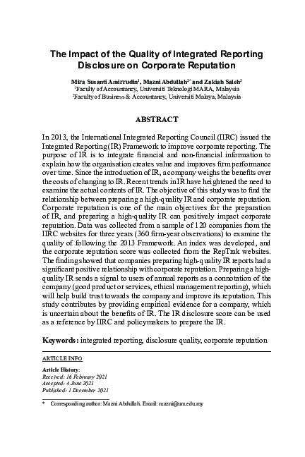 (PDF) The Impact of the Quality of Integrated Reporting Disclosure on ...