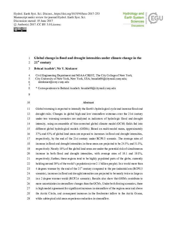 (PDF) Global change in flood and drought intensities under climate ...