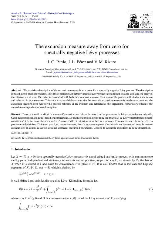 (PDF) The excursion measure away from zero for spectrally negative Lévy ...