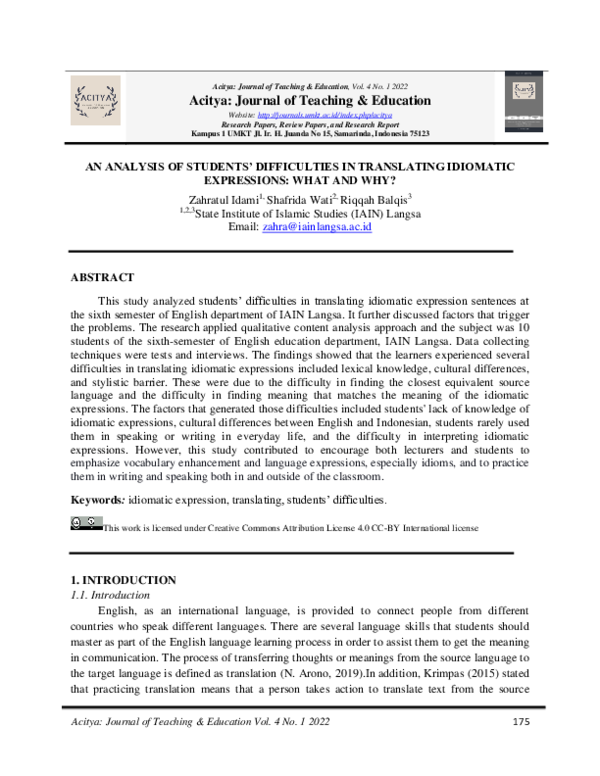 (PDF) An Analysis of Students’ Difficulties in Translating Idiomatic ...