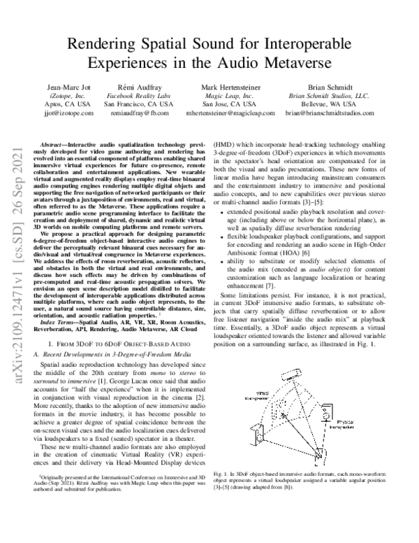 (PDF) Rendering Spatial Sound for Interoperable Experiences in the ...