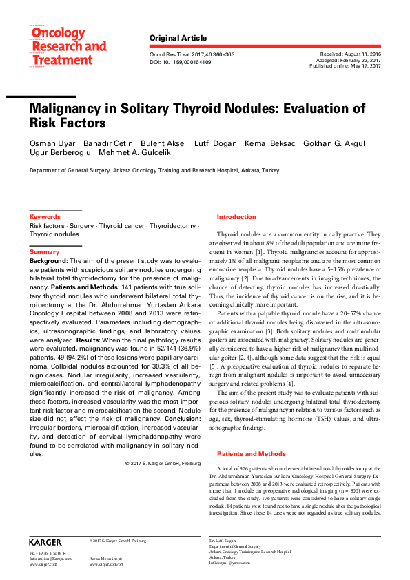 (PDF) Malignancy in Solitary Thyroid Nodules: Evaluation of Risk Factors