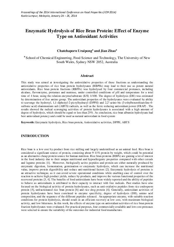 (PDF) Enzymatic Hydrolysis of Rice Bran Protein : Effect of Enzyme Type ...