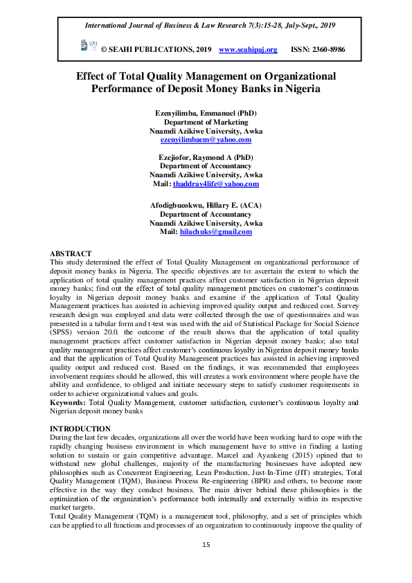 (PDF) Effect of Total Quality Management on Organizational Performance