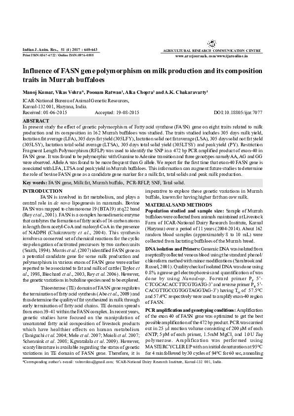 (PDF) Influence of FASN gene polymorphism on milk production and its ...