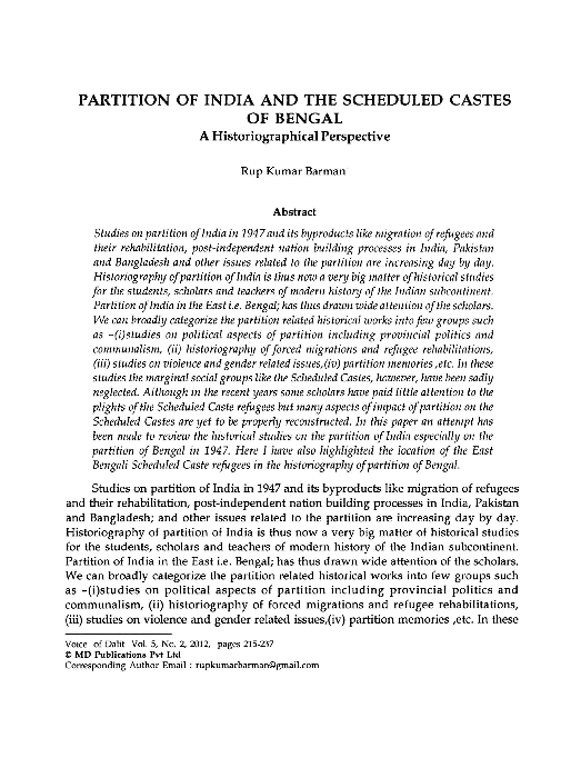 (PDF) Partition of India and the Scheduled Castes of Bengal