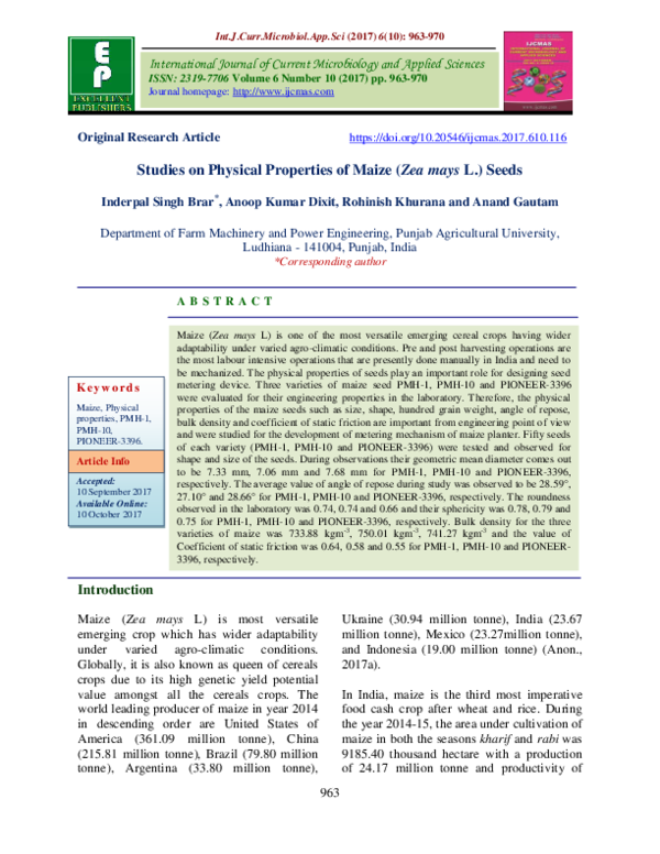 (PDF) Studies on Physical Properties of Maize (Zea mays L.) Seeds