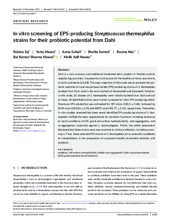 (PDF) In vitro screening of EPS‐producing Streptococcus thermophilus ...