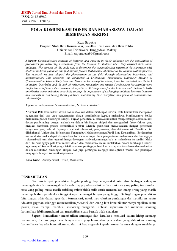 (PDF) Pola Komunikasi Dosen Dan Mahasiswa Dalam Bimbingan Skripsi