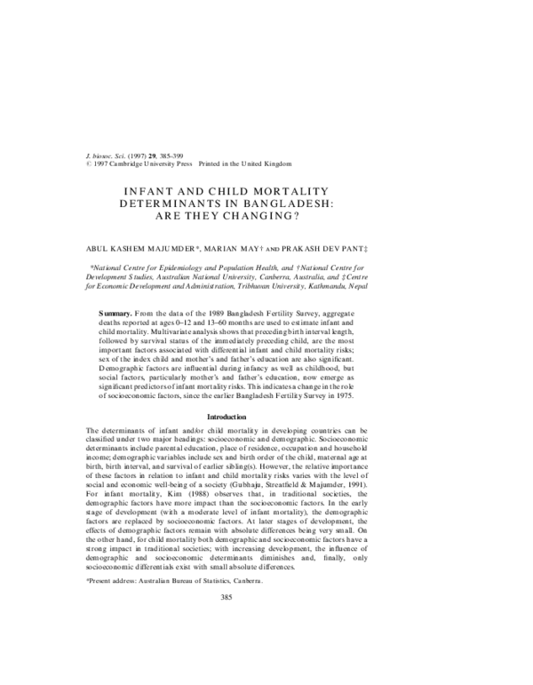 (PDF) Infant and Child Mortality Determinants in Bangladesh: Are They ...