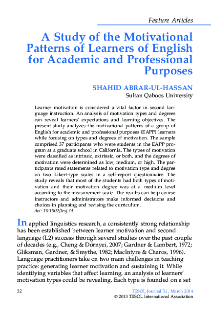 (PDF) A Study of the Motivational Patterns of Learners of English for ...