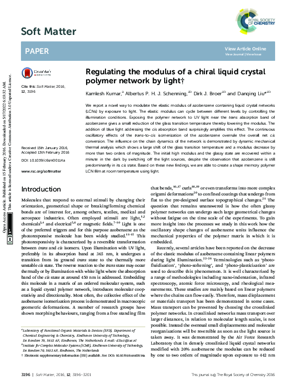 (PDF) Regulating the modulus of a chiral liquid crystal polymer network ...