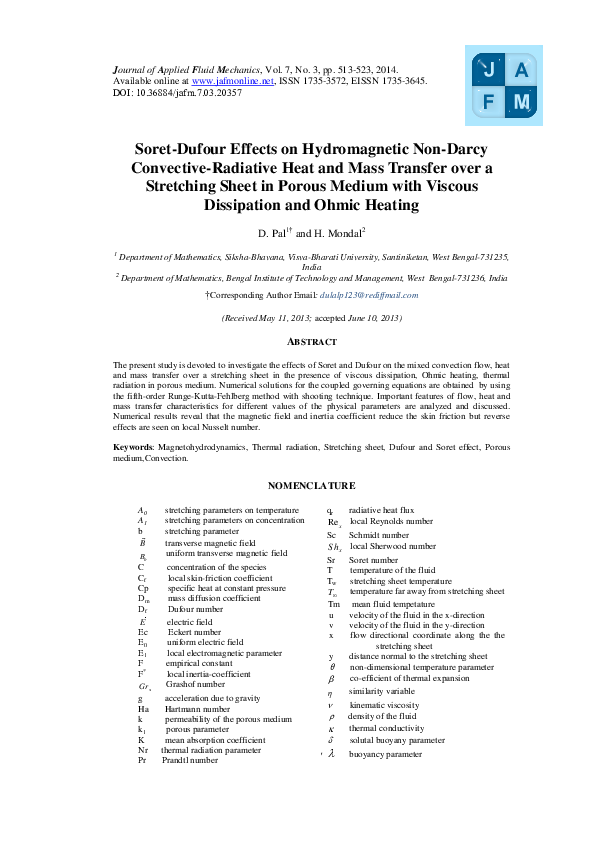 (PDF) Soret and Dufour effects on MHD convective–radiative heat and ...