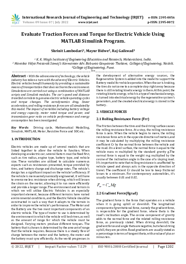(PDF) Evaluate Traction Forces and Torque for Electric Vehicle Using
