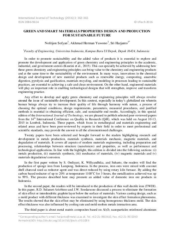 (PDF) Green and Smart Materials Properties Design and Production for ...