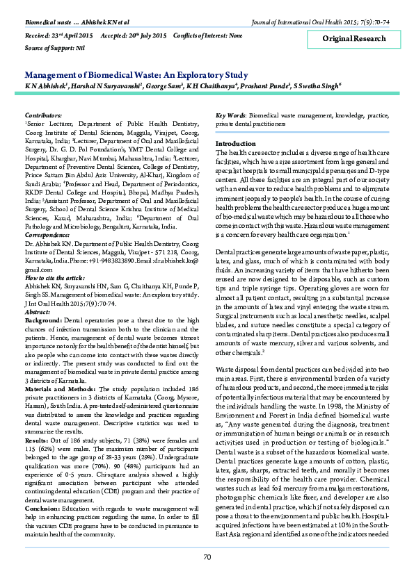 (PDF) Management of Biomedical Waste: An Exploratory Study