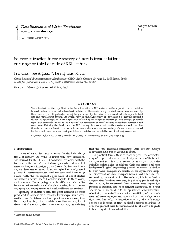 (PDF) Solvent extraction in the recovery of metals from solutions ...