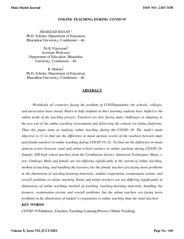 Pdf Covid 19 Pandemic Teachers Teaching Learning Process Online
