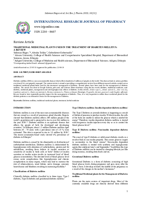 (PDF) Traditional Medicinal Plants Used in the Treatment of Diabetes ...