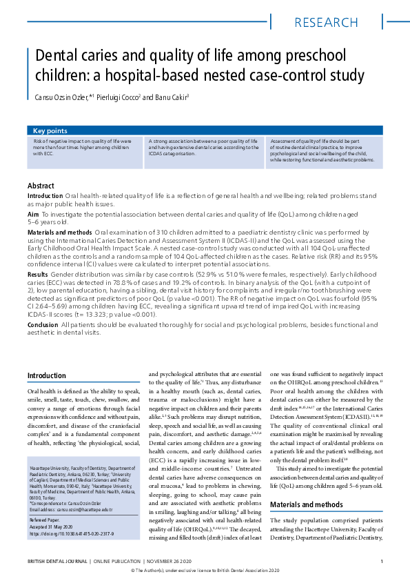 (PDF) Dental caries and quality of life among preschool children: a ...